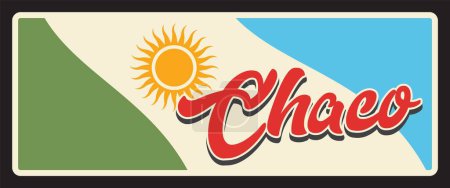 Buenos Aires, Catamarca and Chaco regions, Argentine provinces vintage vector plates. Argentina province flags, heraldic sun and mount El Manchao landscape, Argentine travel signs and stickers