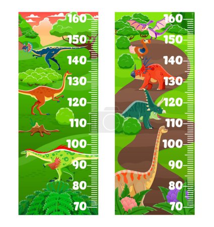 Illustration for Kids height chart ruler with prehistoric dinosaurs. Vector growth meter, wall sticker for children height measurement with cartoon dino characters pelicanimius, raptor, dilophosaurus and brachiosaurus - Royalty Free Image