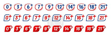 Under age signs isolated vector restriction icon set. 0, 3, 6, 7, 9, 12, 14 and 16, 18 or 21 plus years old. Sensitive content for kids and adults only symbols. Alert for viewers, internet protection