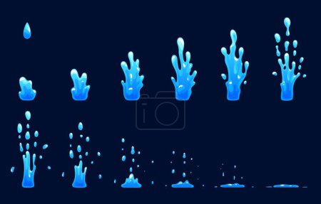 Water splash sprite sheet animation for FX effect of fountain splashing drops, cartoon vector. Water jet splash motion sprite sheet frame of 2D FX effect of drop or droplets falling in puddle splatter