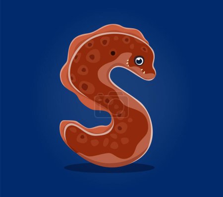 Illustration for Sea animals in underwater font, letter S as muraena moray cartoon character, vector undersea alphabet. Sea animals font or ocean ABC typeface with moray eel fish in letter S for tropical undersea type - Royalty Free Image