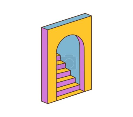Téléchargez les illustrations : Caricature rétro hippie groovy symbole des escaliers dans une porte voûtée. Vecteur de dessin animé isolé escalier coloré ou échelle dans un cadre en arc, transmettant un sentiment de fantaisie surréaliste à l'ère psychédélique des années 60 - en licence libre de droit