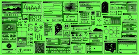Rave y2k Fensterseite, Computer-Interface-Menü. Vektor-PC-Desktop mit Ordnern, Ladebalke. Programmfehler, E-Mail, Browser und Symbole. Säure giftigen grünen Bildschirm Hintergrund in alten 2000er ästhetischen Stil