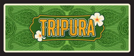 Tripura indisches Staatsschild, Retro-Reiseschild oder Banner mit Ornament und weißen Blumen. Vektorschild, Wahrzeichen Indiens, Retro-Plakette. Tripura-Staat im Nordosten Indiens