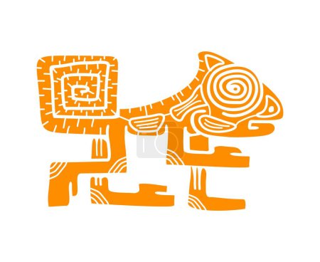 Chameleon lizard Mayan Aztec totem symbol of regeneration, adaptability, transformation, and blending in. Isolated vector sign with intricate pattern, embodies spirit of change and versatility in life