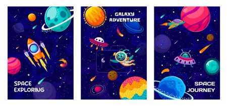 Cartoon galaxy landscape, space travel and explore vector banners. Cute alien astronaut characters in outer space with UFO spaceship, rocket and starship, galaxy universe planets, stars and comets