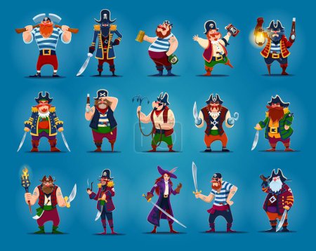 Cartoon pirate and corsair characters. Captain and sailor, boatswain and skipper filibusters vector personages. Funny men and girl pirates with swords, guns and hooks, black hats, eye patches and rum