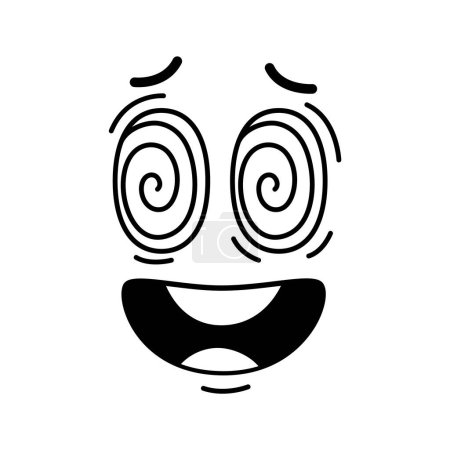 Groovie emoji face, shocked smile or retro cartoon character, vector comic emoticon. Groovy face with spiral eyes of surprised or astonished shock emoticon face and scared mouth in retro doodle line