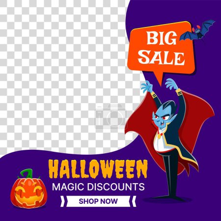 Illustration for Halloween sale banner template with count Dracula vampire and Jack lantern pumpkin. Vector background for promo and social media. Sink your teeth into savings, unearth spooktacular deals and discounts - Royalty Free Image