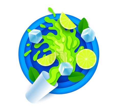 Paper cut mojito juice splash. 3d vector vibrant papercut of dynamic splatter with sliced green citrus fruit, ice cubes and leaves on a blue round layered frame, exudes freshness, and summer vibes