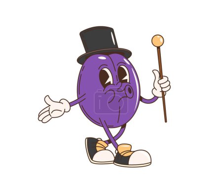 Retro cartoon groovy plum fruit character. Isolated vector whimsical purple prune personage dressed in a classic top hat and holding a cane. Elegant damson gentleman showcasing a fun, vintage vibes