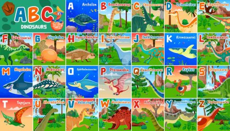Kids prehistoric dinosaurs alphabet. Vector colorful educational dino abc, presenting a variety of reptiles, each corresponding to a different letter of the alphabet. Dinosaur in their natural habitat