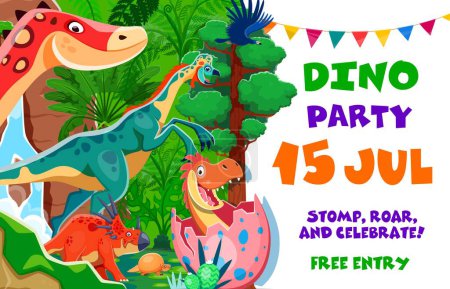 Birthday invite, kids dino party flyer. Vector invitation with cartoon dinosaurs. Cute funny baby dino in the egg, ouranosaurus, styracosaurus and oviraptor amid a jungle backdrop with bunting decor