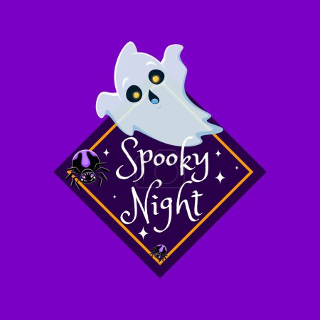 Halloween gift tag with cute ghost. Isolated vector rhombus shaped sticker or patch features a charmingly cute spook, floating amid night stars, with boo, in playful font, adding spooktacular charm