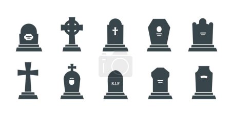 Cemetery graveyard tombstones and gravestones with RIP and cross, vector icons. Grave headstone or tombstone memorial with gothic cross, funeral grave burial or Christian cemetery monument silhouettes
