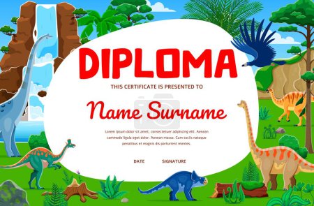 Illustration for Kids diploma, dinosaurs in jungle with waterfall background frame. Kids education certificate diploma vector template with cartoon brachiosaurus, protoceratops, camptosaurus and titanosauria animals - Royalty Free Image