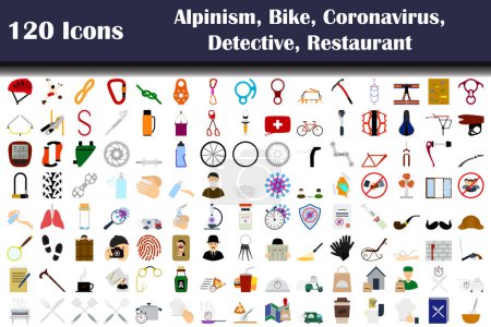 Illustration for Set of 120 icons. Alpinism, Bike, Sport, Coronavirus, COVID-19, Detective, Police, Restaurant themes. Fully editable vector illustration. Text expanded. - Royalty Free Image