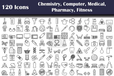 Set mit 120 Symbolen. Chemie, Computer, Medizin, Pharmazie, Fitness-Themen. Kühnes Outline-Design mit editierbarer Strichbreite. Vektorillustration.