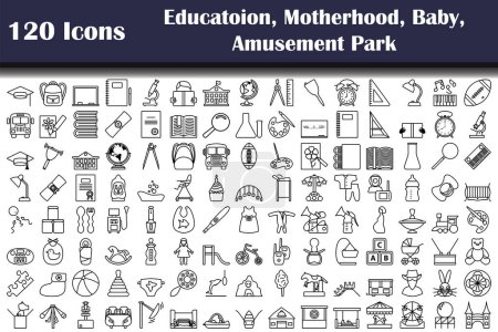 Set mit 120 Symbolen. Bildung, Mutterschaft, Baby, Freizeitpark Themen. Kühnes Outline-Design mit editierbarer Strichbreite. Vektorillustration.