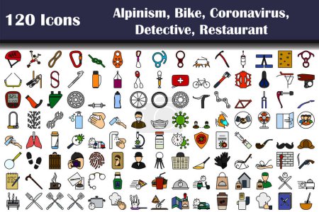 120 Icons Of Alpinism, Bike, Coronavirus, Detective, Restaurant. Editable Bold Outline With Color Fill Design. Vector Illustration.