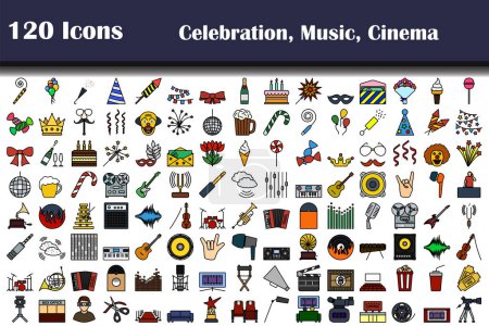 Illustration for Set of 120 icons. Party, Music, Cinema themes. Editable Bold Outline With Color Fill Design. Vector Illustration. - Royalty Free Image