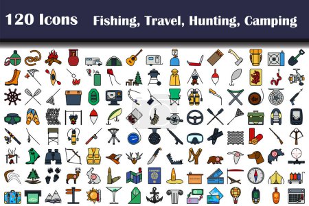 Illustration for Set of 120 icons. Fishing, Travel, Hunting, Camping themes. Editable Bold Outline With Color Fill Design. Vector Illustration. - Royalty Free Image