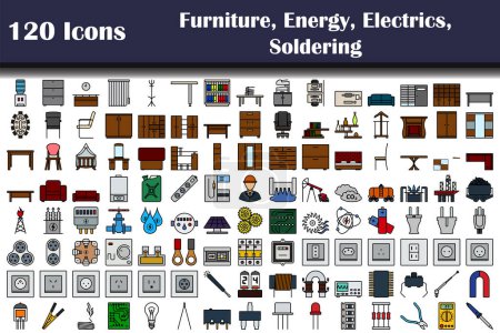 Set of 120 icons. Furniture, Energy, Electrics, Soldering themes. Editable Bold Outline With Color Fill Design. Vector Illustration.