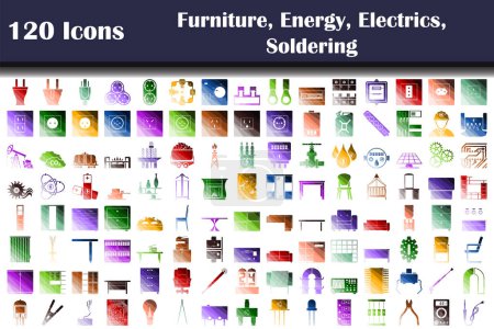 Set of 120 icons. Furniture, Energy, Electrics, Soldering themes. Flat Color Ladder Design. Vector Illustration.