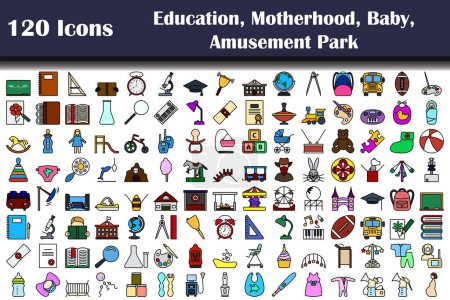 Conjunto de 120 iconos. Educación, Maternidad, Bebé, Temas del Parque de Atracciones. Esquema audaz editable con diseño de relleno de color. Ilustración vectorial.
