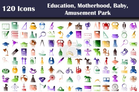 Conjunto de 120 iconos. Educación, Maternidad, Bebé, Temas del Parque de Atracciones. Diseño de escalera de color plana. Ilustración vectorial.
