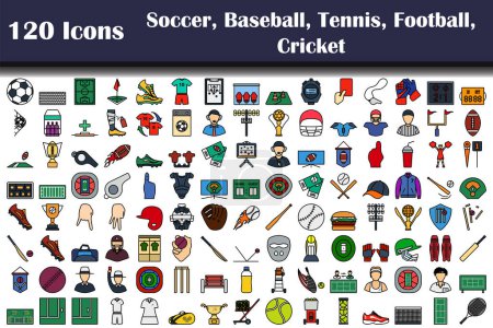 Illustration for Set of 120 icons. Soccer, Baseball, Tennis, American Football, Cricket  themes. Editable Bold Outline With Color Fill Design. Vector Illustration. - Royalty Free Image