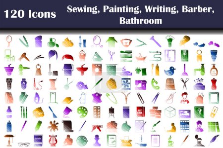 Set of 120 icons. Sewing, Painting, Writing, Barber, Bathroom themes. Flat Color Ladder Design. Vector Illustration.