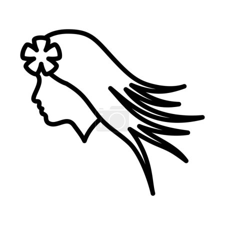 Téléchargez les illustrations : Tête de femme avec fleur dans l'icône de cheveux. Conception de contour audacieux avec largeur de course modifiable. Illustration vectorielle. - en licence libre de droit