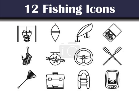 Ensemble d'icône de pêche. Conception de contour audacieux avec largeur de course modifiable. Illustration vectorielle.