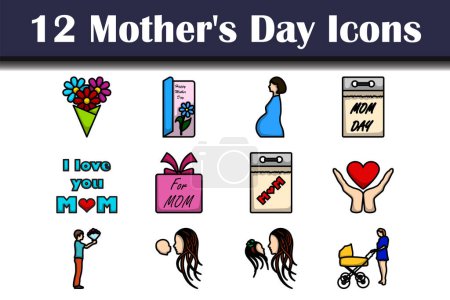 Mother's Day Icon Set. Editable Bold Outline With Color Fill Design. Vector Illustration.