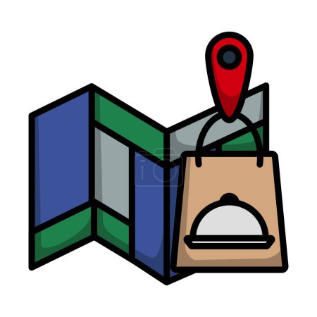 Téléchargez les illustrations : Map With Delivery Food Bag Icon. Editable Bold Outline With Color Fill Design. Vector Illustration. - en licence libre de droit