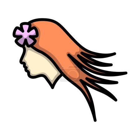 Téléchargez les illustrations : Tête de femme avec fleur dans l'icône de cheveux. contour audacieux modifiable avec la conception de remplissage de couleur. Illustration vectorielle. - en licence libre de droit