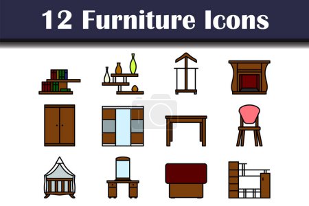 Set de iconos de muebles. Esquema audaz editable con diseño de relleno de color. Ilustración vectorial.