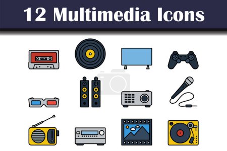 Multimedia Icon Set. Editable Bold Outline With Color Fill Design. Vector Illustration.