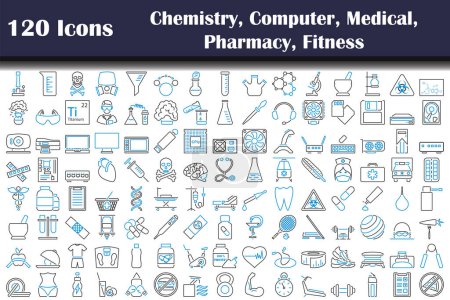 120 Iconos de Química, Ordenador, Médico, Farmacia, Fitness. Esquema audaz editable con diseño de relleno de color. Ilustración vectorial.