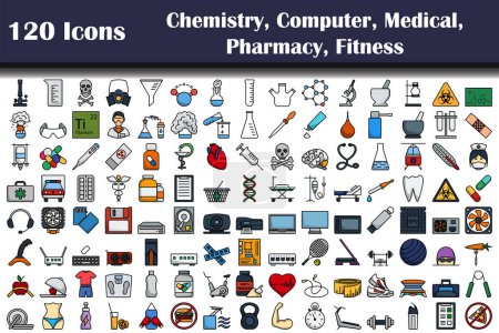 120 Symbole der Chemie, Computer, Medizin, Apotheke, Fitness. Editierbare kühne Umrisse mit Farbfülldesign. Vektorillustration.