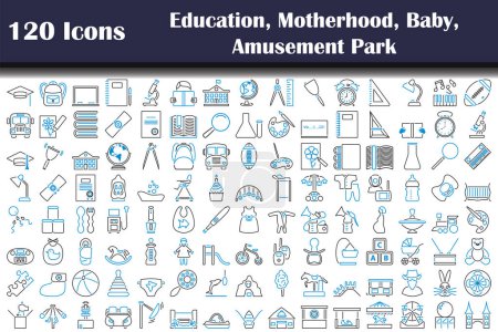 120 Ikonen der Bildung, Mutterschaft, Baby, Vergnügungspark. Editierbare kühne Umrisse mit Farbfülldesign. Vektorillustration.