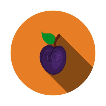 Icon Of Plum In Ui Colors. Flat Circle Stencil Design With Long Shadow. Vector Illustration.