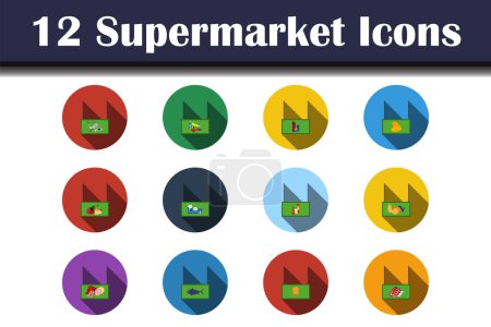 Ilustración de Conjunto de iconos de supermercado. Diseño plano con sombra larga. Ilustración vectorial. - Imagen libre de derechos