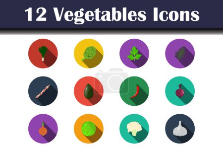 Téléchargez les illustrations : Ensemble d'icônes aux légumes. Design plat avec ombre longue. Illustration vectorielle. - en licence libre de droit