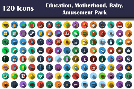 120 Iconos de Educación, Maternidad, Bebé, Parque de Atracciones. Diseño plano con sombra larga. Ilustración vectorial.