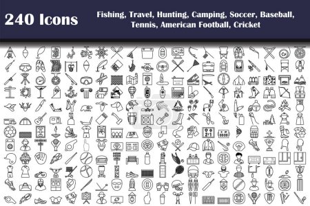 Fishing, Travel, Hunting, Camping, Soccer, Baseball, Tennis, Footbal, Cricket Icon Set. Bold outline design with editable stroke width. Vector Illustration.