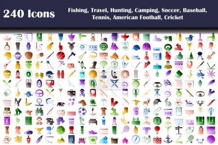 Fishing, Travel, Hunting, Camping, Soccer, Baseball, Tennis, Footbal, Cricket Icon Set. Flat Color Ladder Design. Vector Illustration.