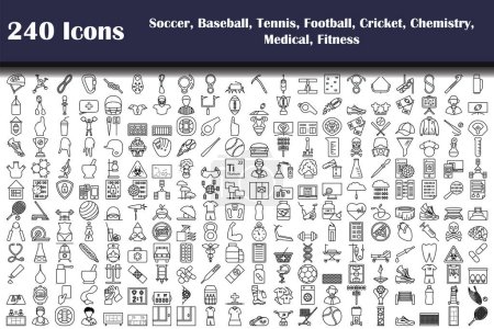 240 Ikonen des Fußballs, Baseball, Tennis, Fußball, Cricket, Chemie, Medizin, Fitness. Kühnes Outline-Design mit editierbarer Strichbreite. Vektorillustration.