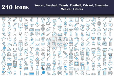 240 Icons Of Soccer, Baseball, Tennis, Football, Cricket, Chemistry, Medical, Fitness. Editable Bold Outline With Color Fill Design. Vector Illustration.